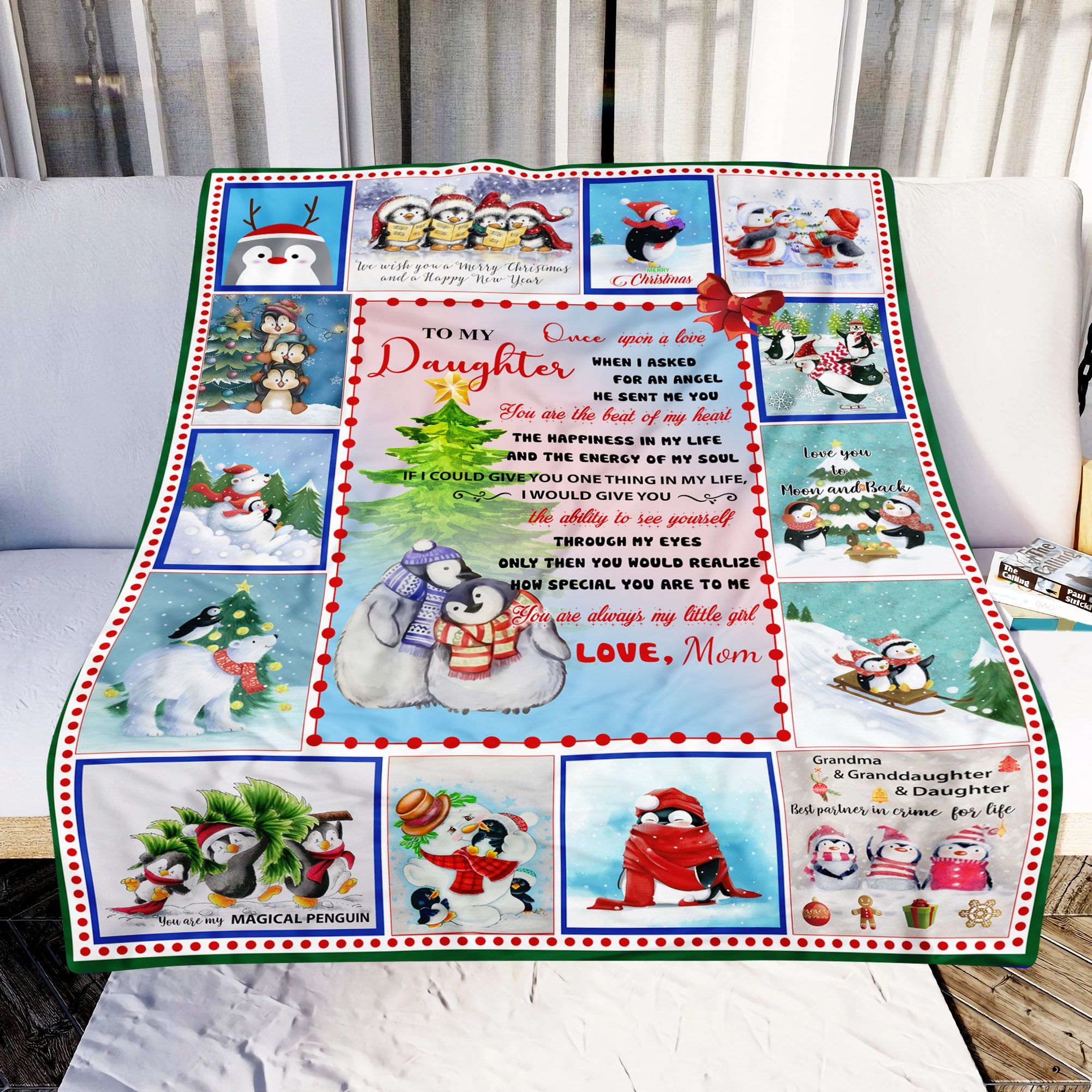 Love My Dear Christmas Penguin Daughter Mom Sherpa Fleece Blanket