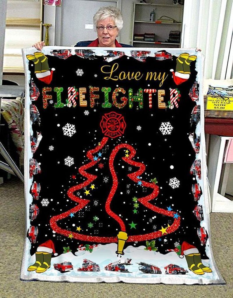 Love My Firefighter Christmas Sherpa Fleece Blanket
