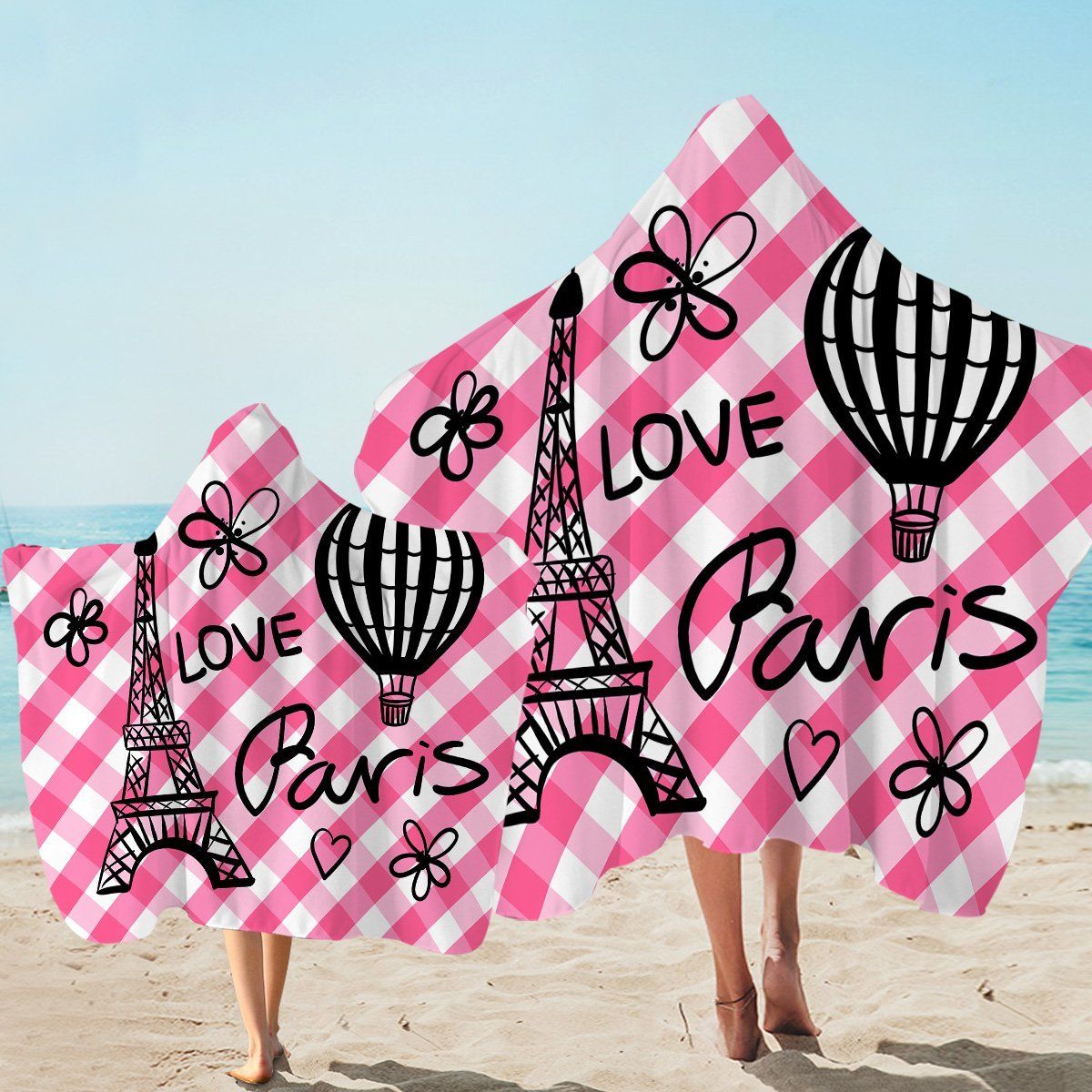 Love Paris Pink Plaid Printed Hooded Towel