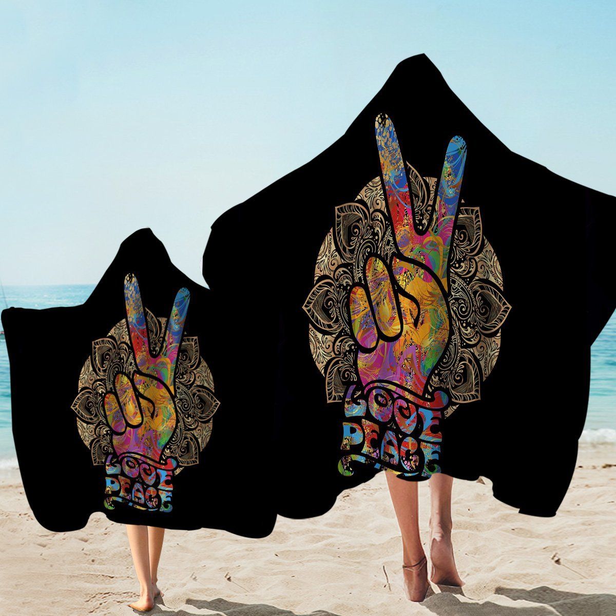 Love Peace Hand Sign On Black Printed Hooded Towel