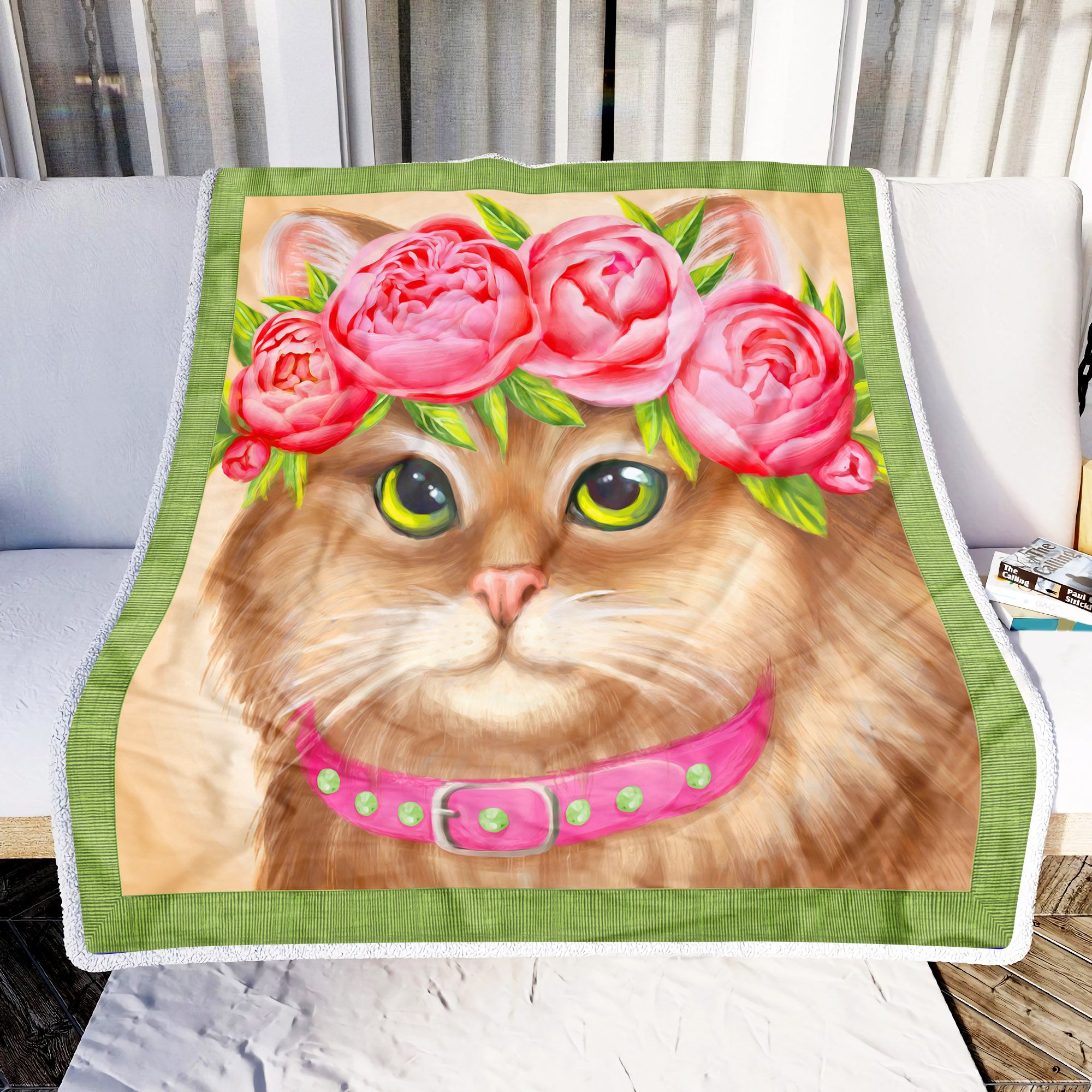 Lovely Cat And Roses Fleece Blanket