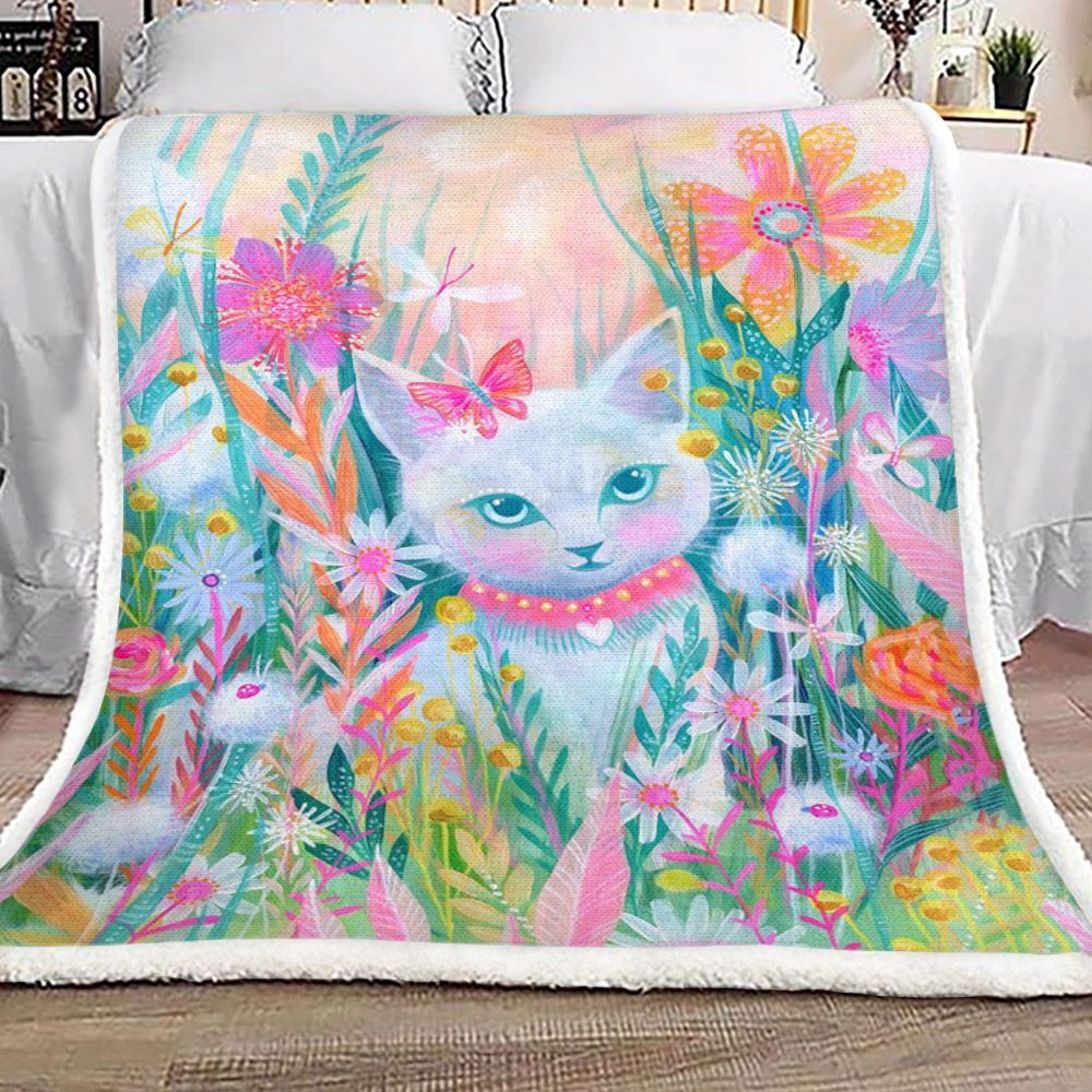 Lovely Cat Flower Butterfly Sherpa Fleece Blanket