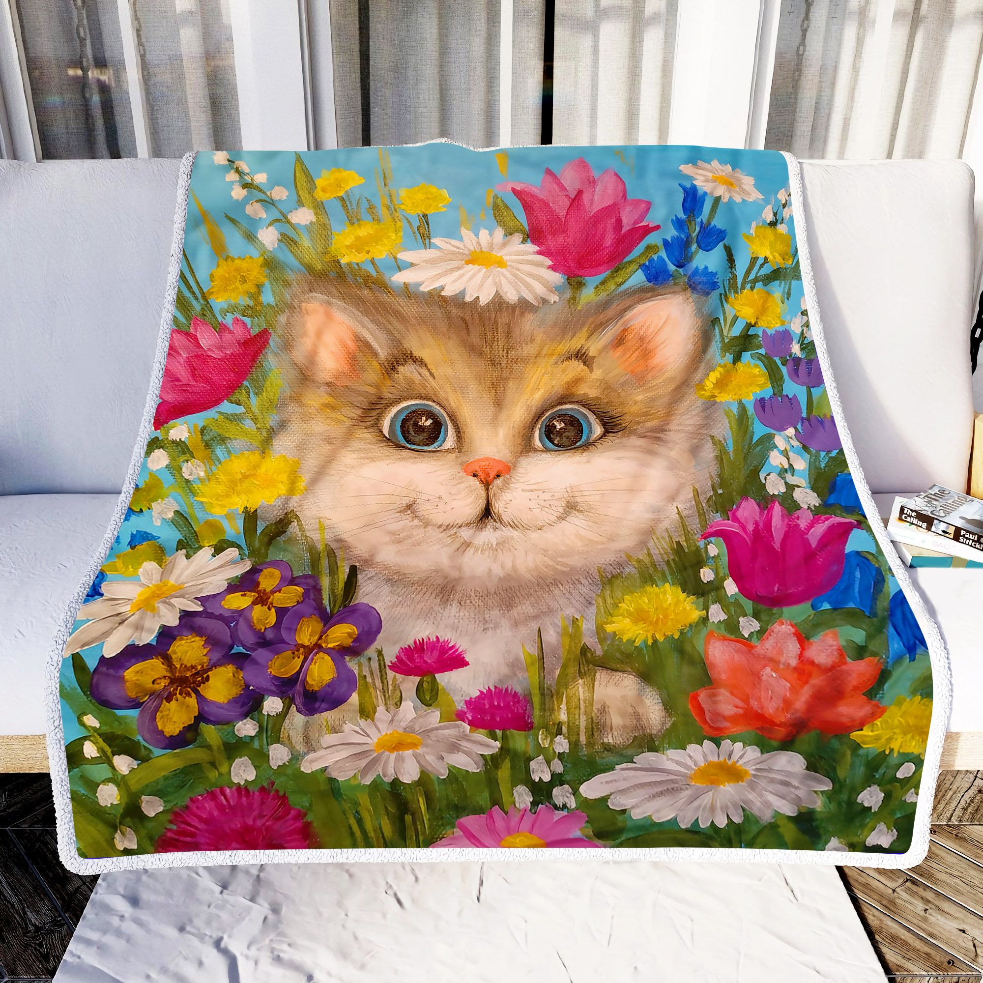 Lovely Cat With Flowers Fleece Blanket