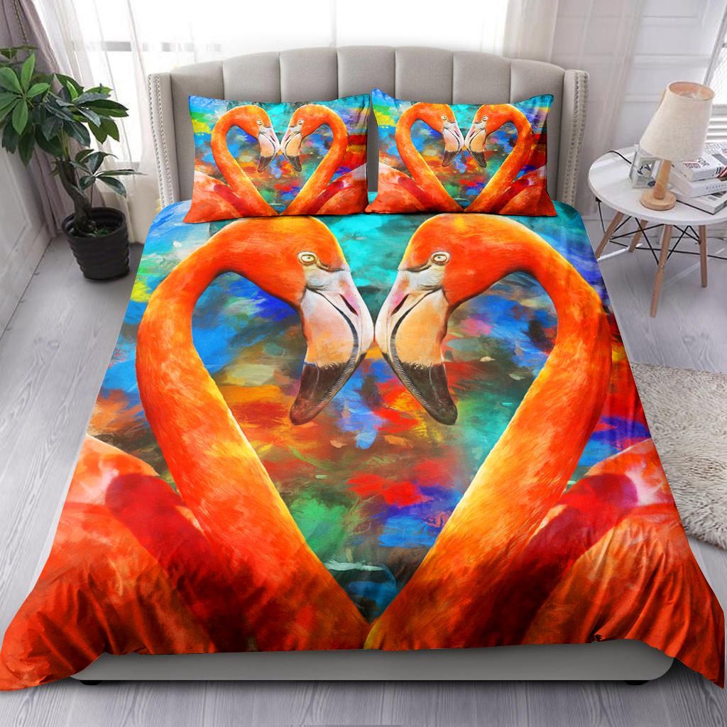 Lovely Couple Orange Flamingos Bedding Set