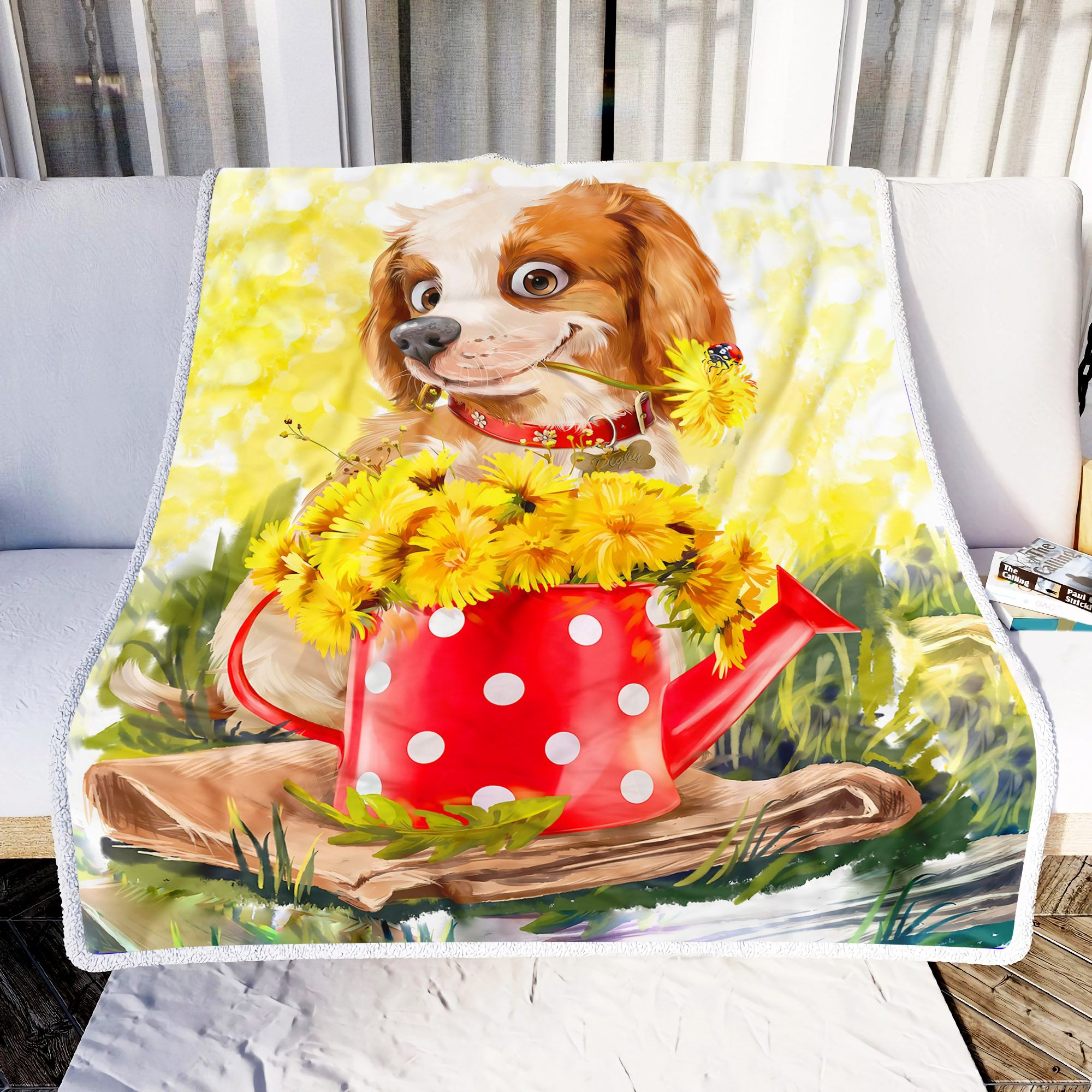 Lovely Dog With Sunflowers Fleece Blanket