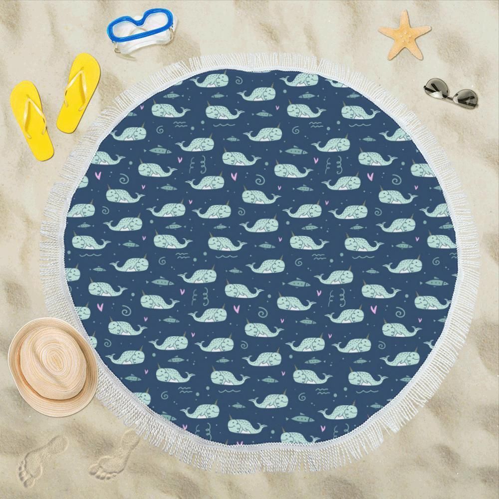 Lovely Dolphin Narwhal Design Print Round Beach Towel