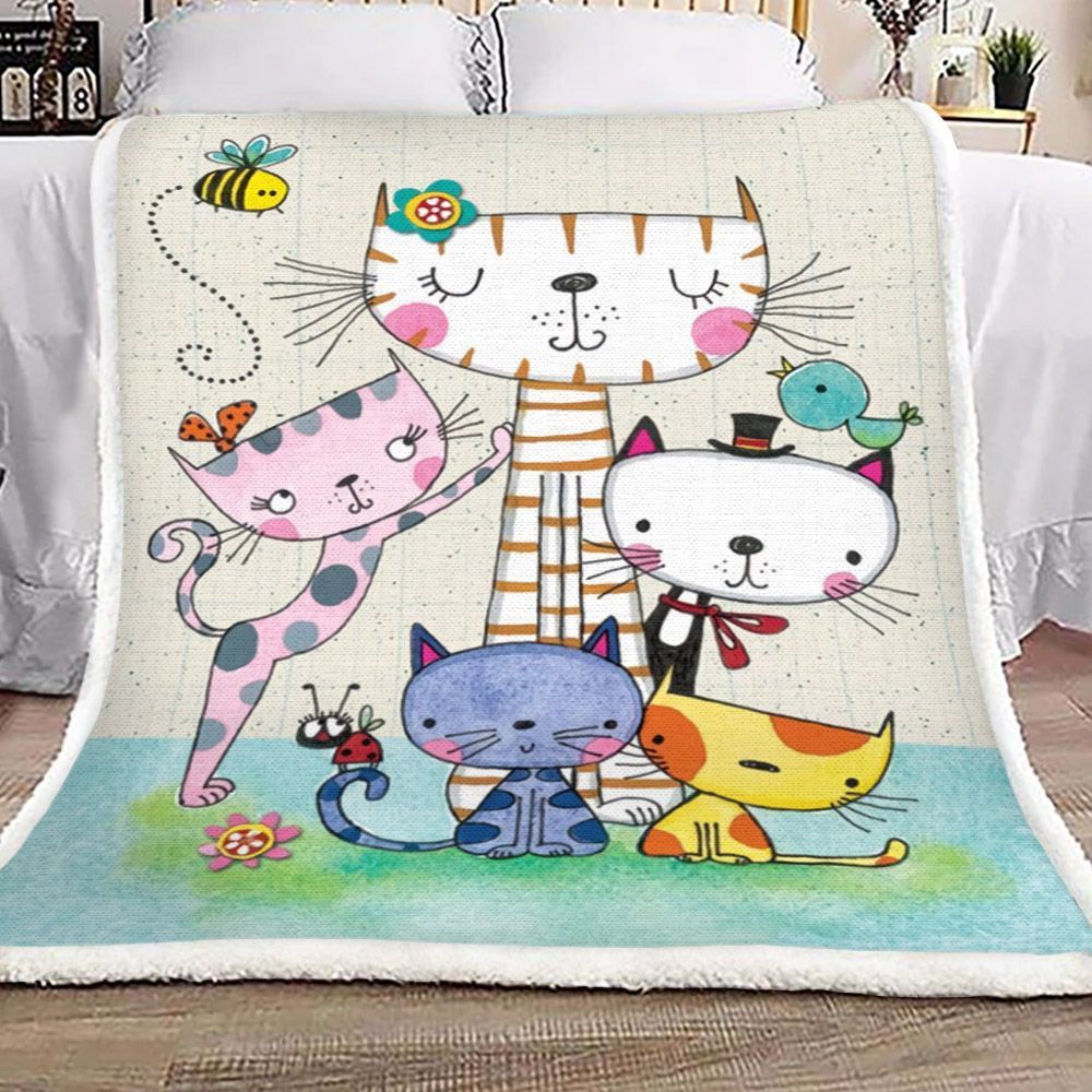 Lovely Family Cat Bird Bee Flower Ladybug Sherpa Fleece Blanket