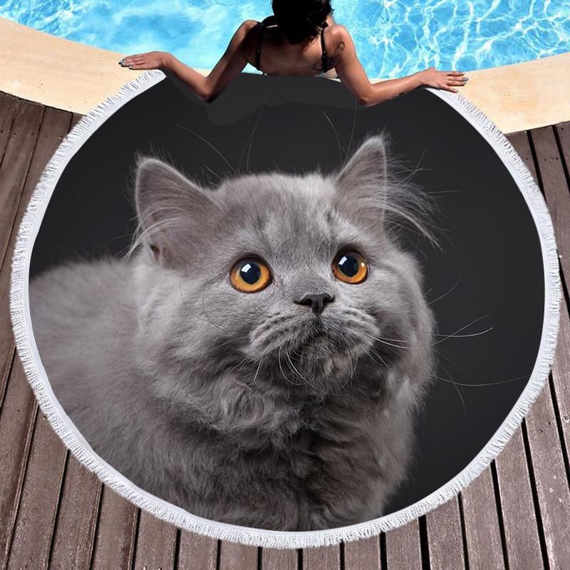 Lovely Gray Cat Printed Round Beach Towel
