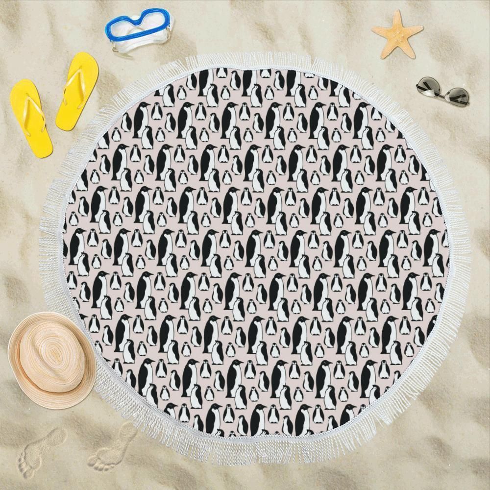 Lovely Penguin Themed Pattern Round Beach Towel