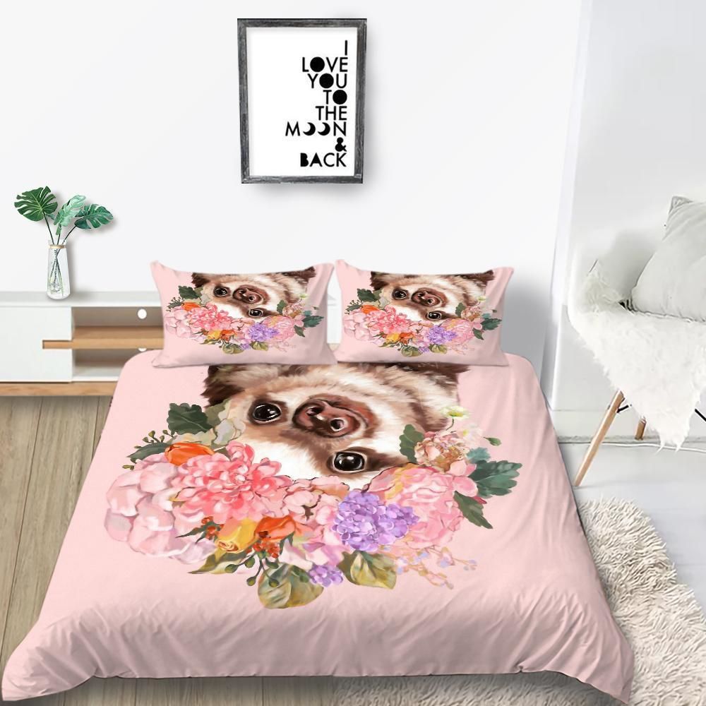 Lovely Pink Flowers And Dogs Bedding Set