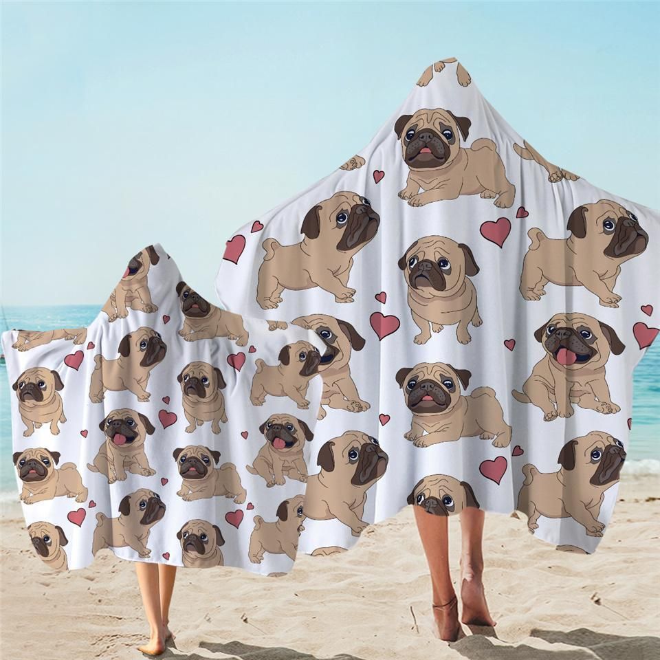 Lovely Pug With Heart Dots Printed Hooded Towel