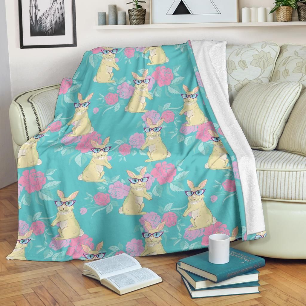 Lovely Rabbit With Glasses Pattern In Blue Printed Fleece Blanket
