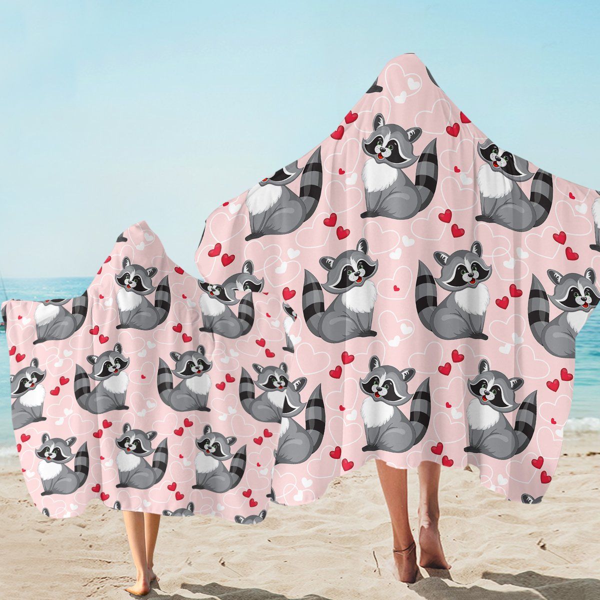 Lovely Racoon Red Heart Dots In Pink Printed Hooded Towel