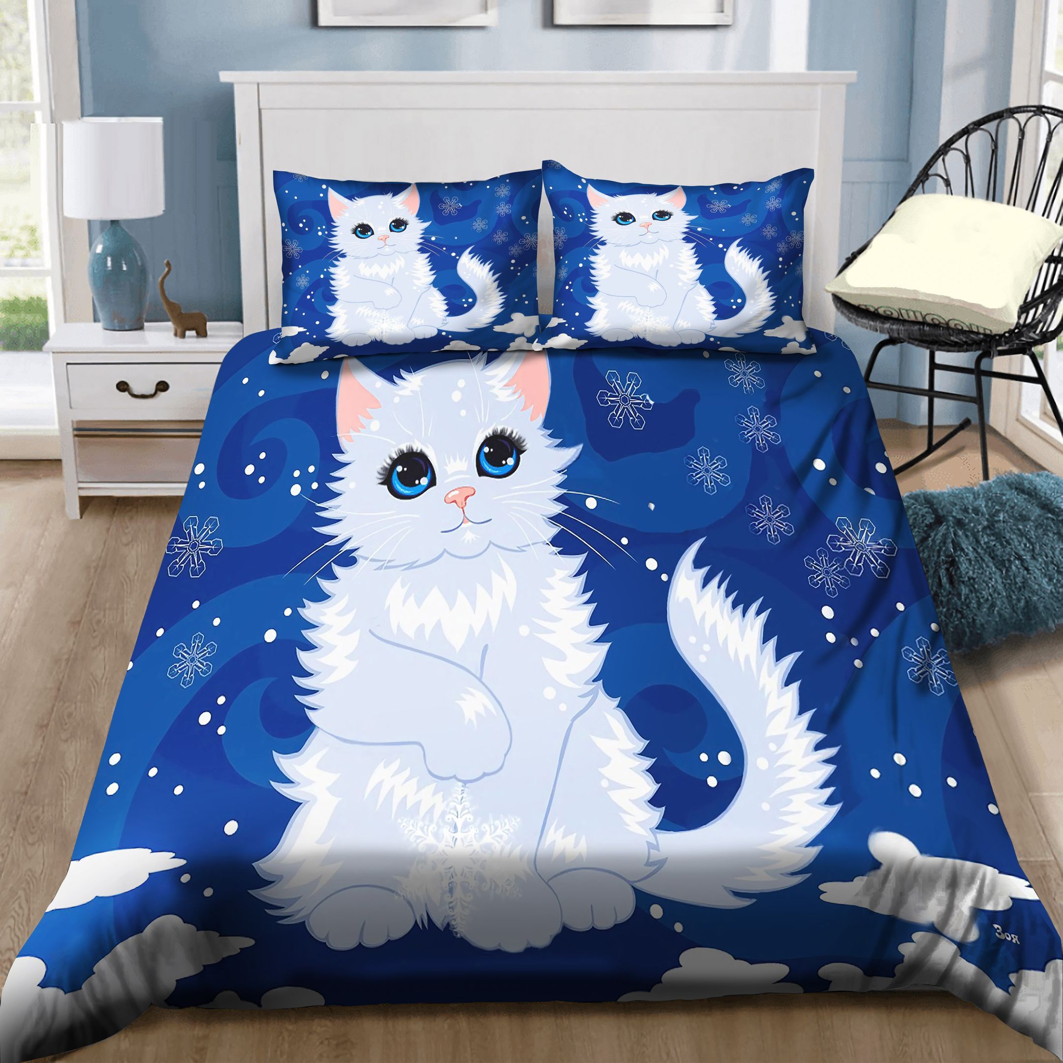 Lovely White Cat In Snow Merry Christmas Bedding Set