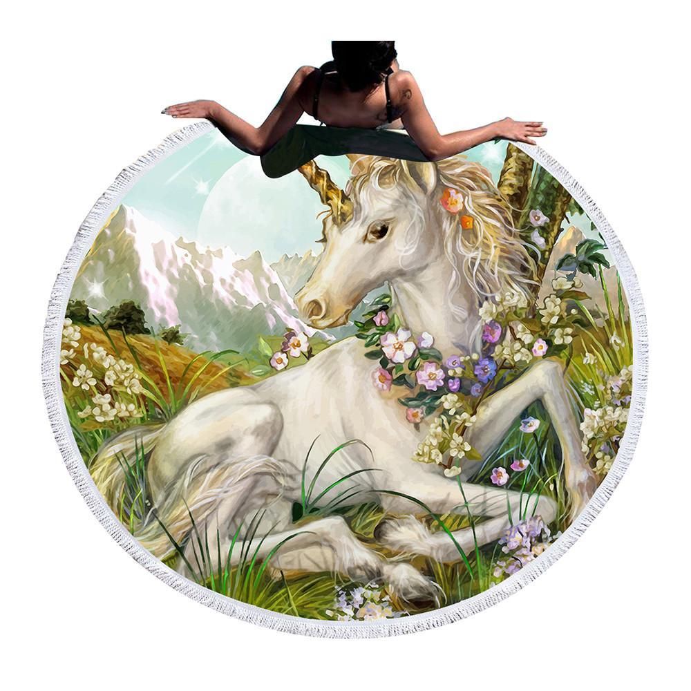 Lovely White Unicorn On Flowers Field Printed Round Beach Towel