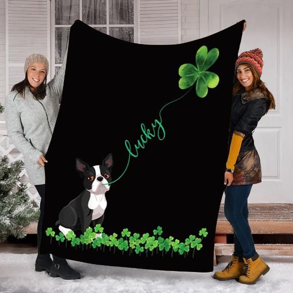 Lucky Boston Terrier Dog Shamrock St Patrick Day Sherpa Fleece Blanket