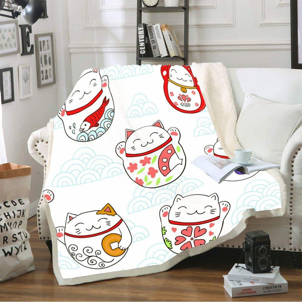 Lucky Cat Sherpa Fleece Blanket