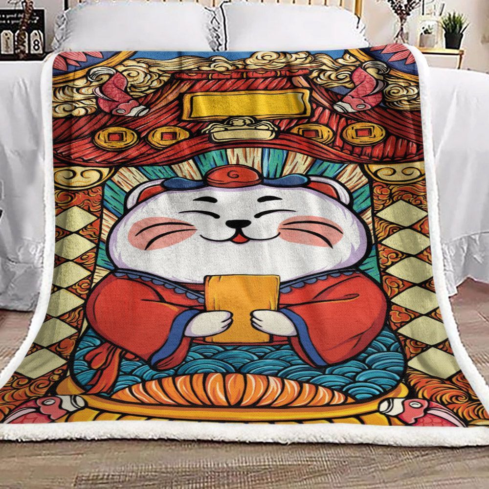 Lucky Cat Sherpa Fleece Blanket