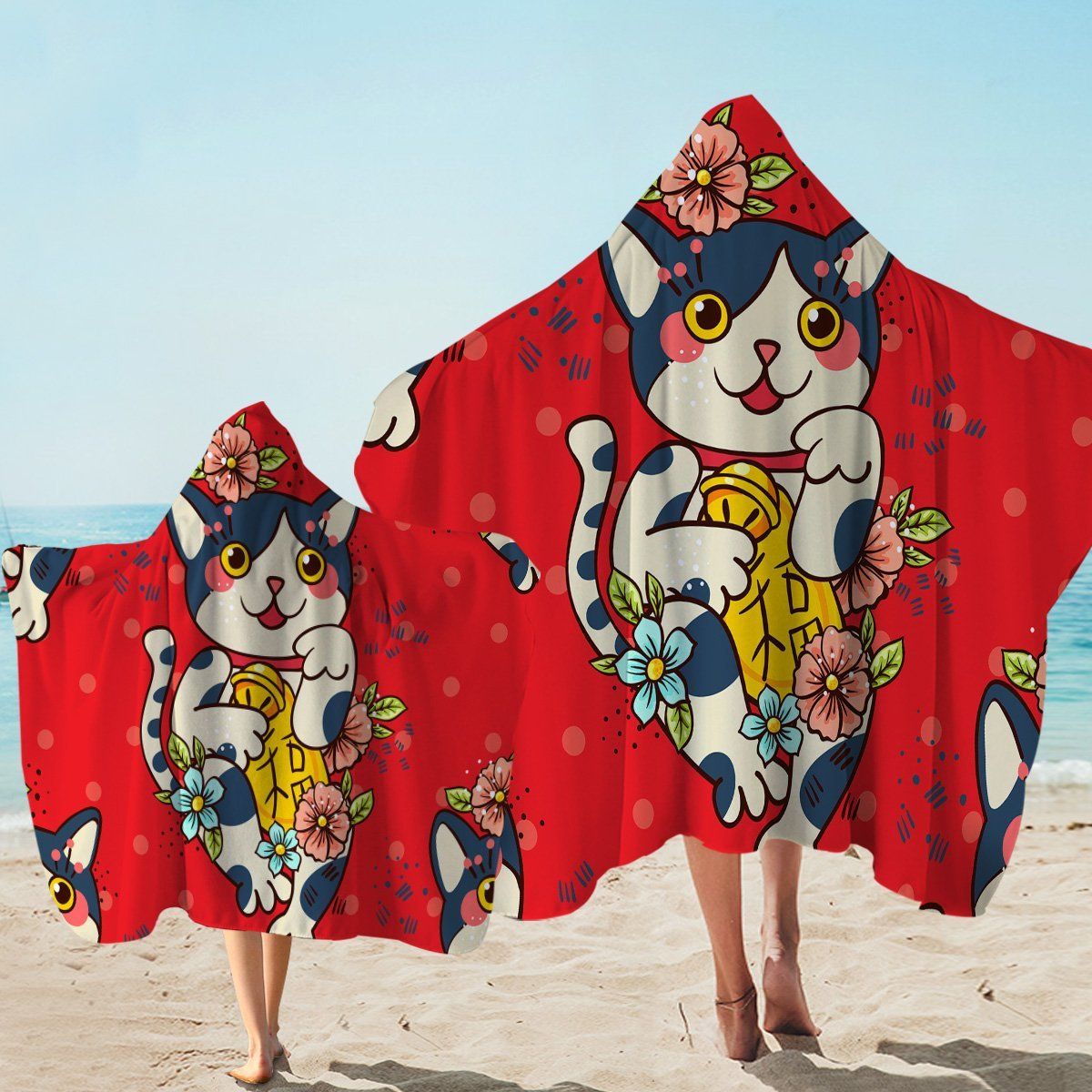 Lucky Kitty Red Pattern Printed Hooded Towel