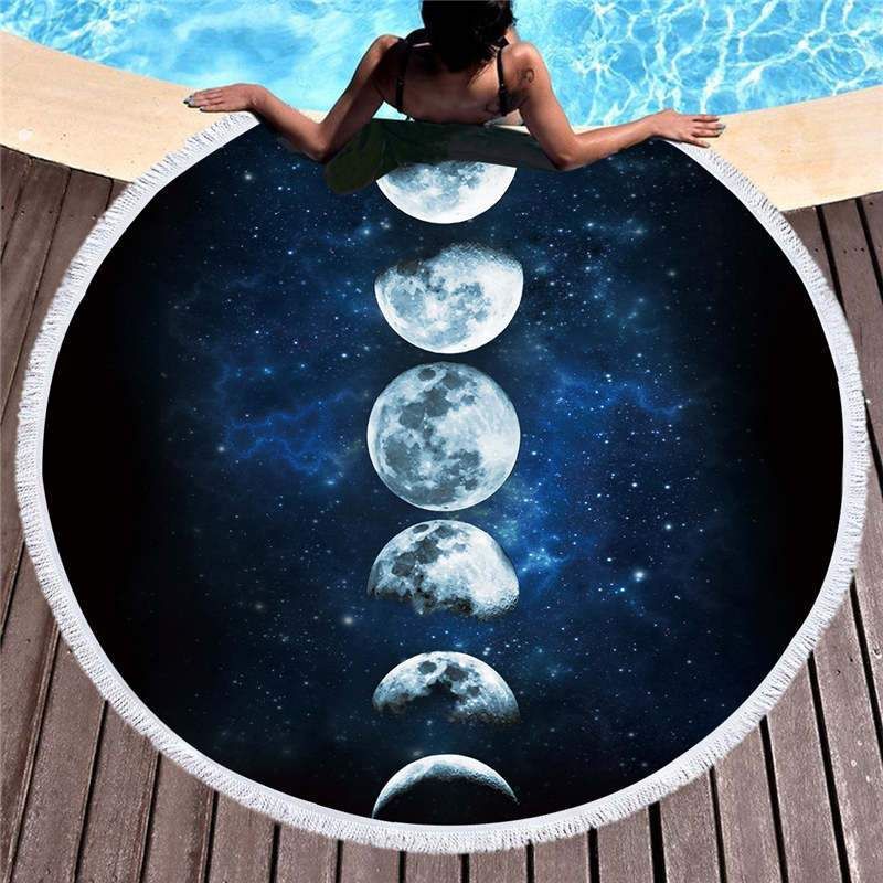 Lunar Eclipse Under The Blue Starry Sky Printed Round Beach Towel