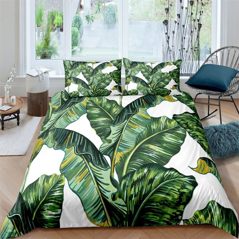 Lush Leaves Green And White Bedding Set