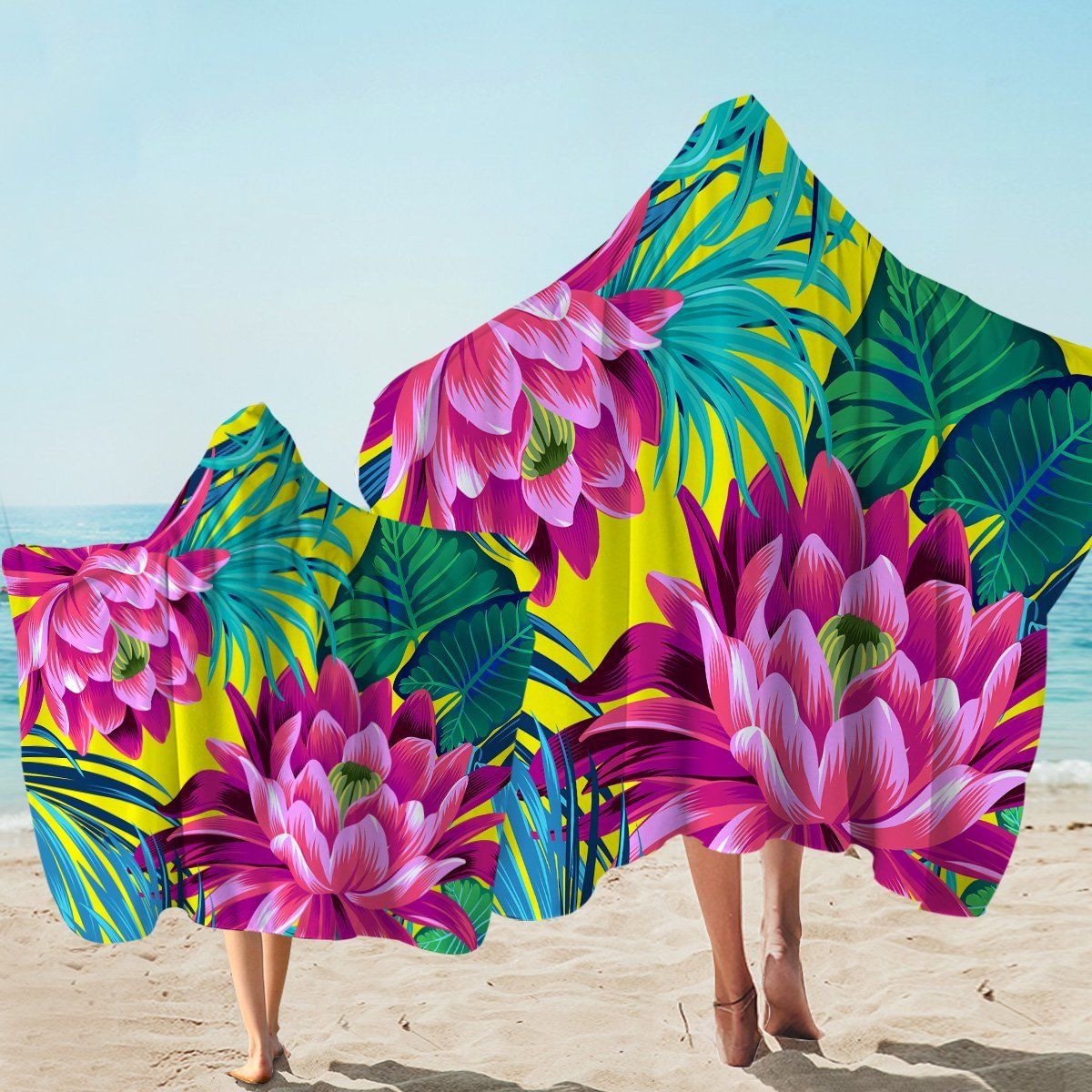 Lush Swamp Flowers And Leaves Printed Hooded Towel