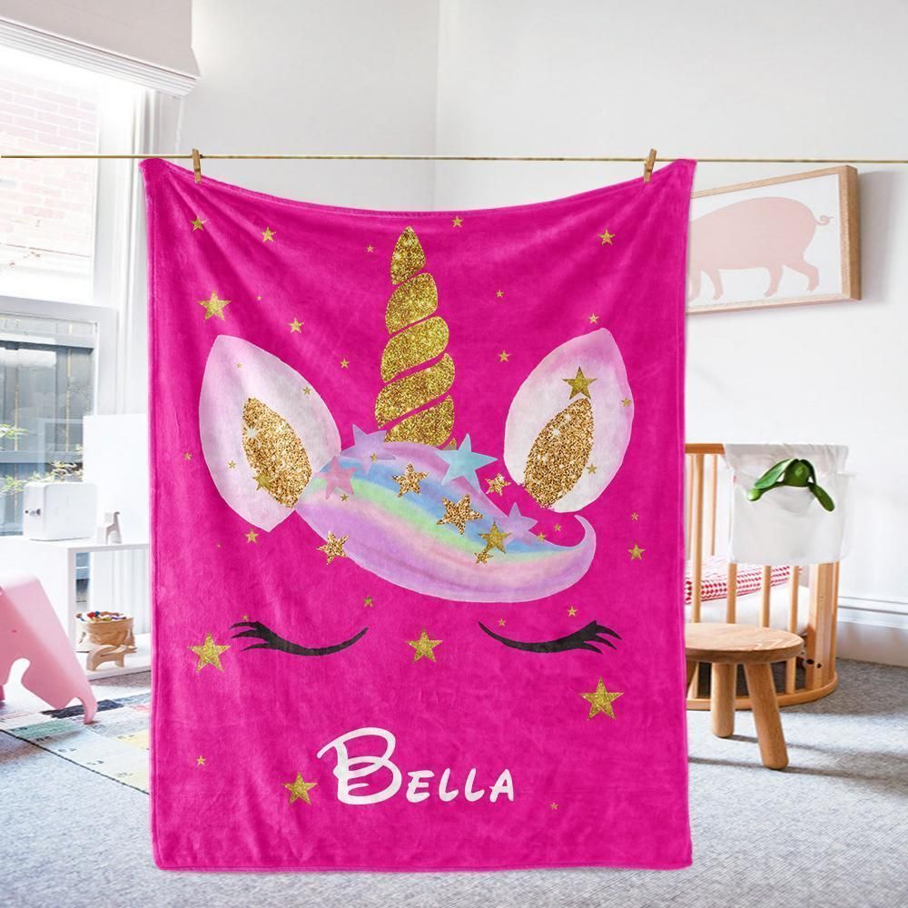 Magic World Pink Unicorn Fleece Blanket Custom Name