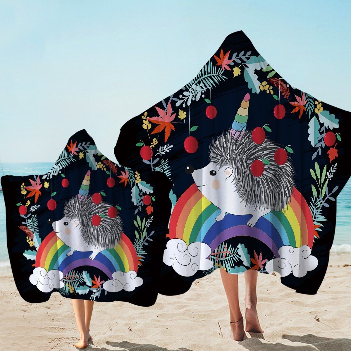Magical Hedgehog Unicorn Rainbow Pattern Printed Hooded Towel
