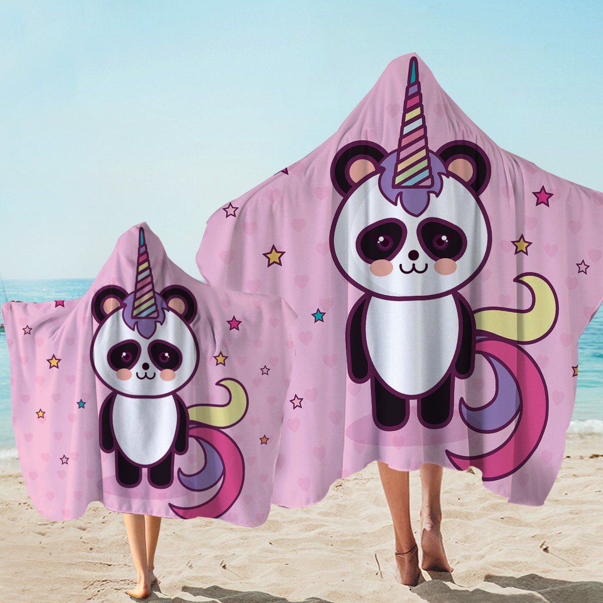 Magical Panda With Star Dots Pink Printed Hooded Towel