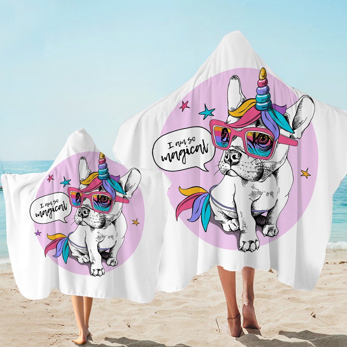 Magical Pug On White Printed Hooded Towel