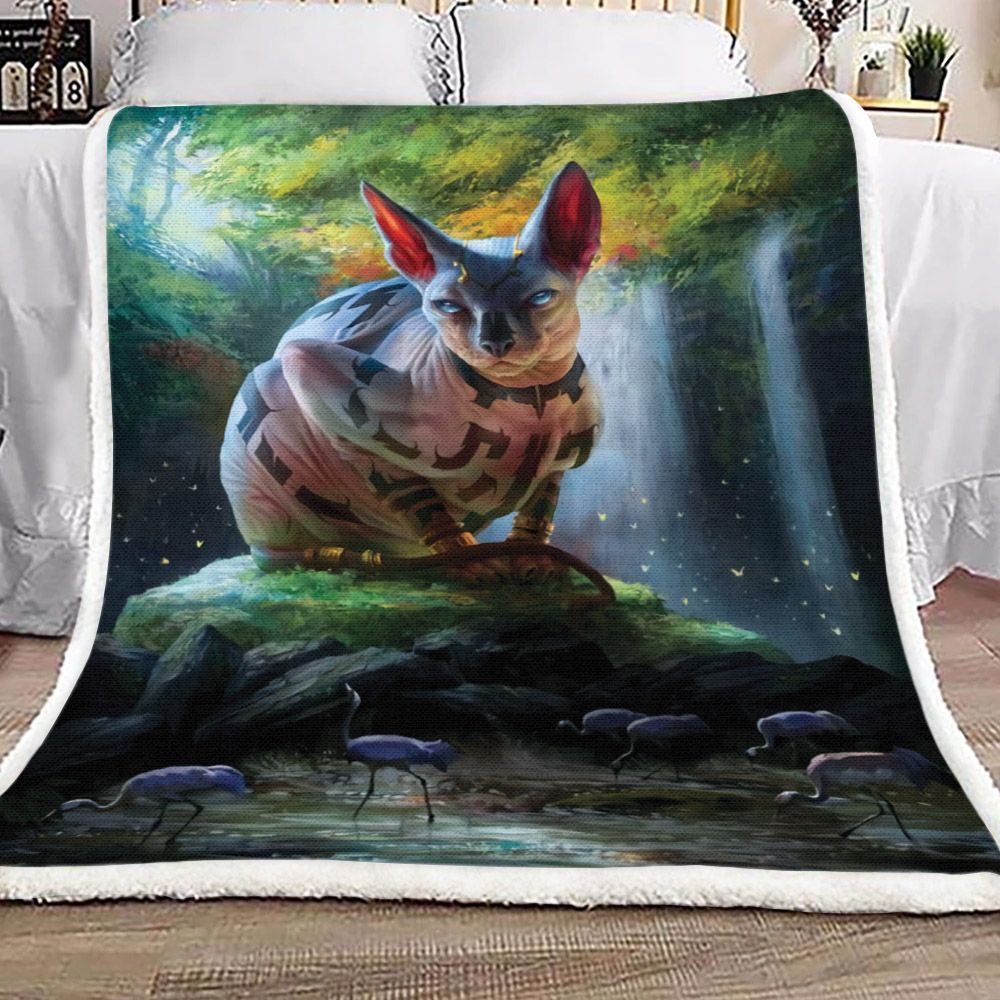 Magical Sphynx Cat And Flamingo Sherpa Fleece Blanket