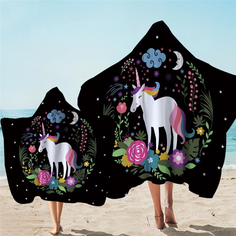 Magical Unicorn Starry Night Pattern Printed Hooded Towel