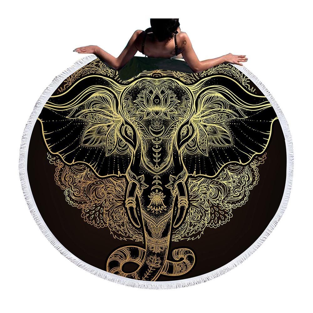 Majestic Elephant On Black Printed Round Beach Towel