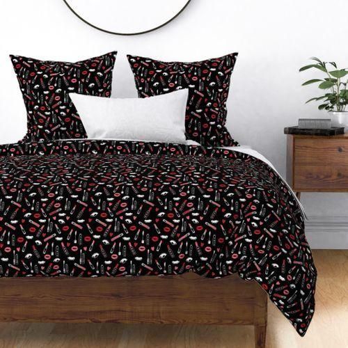 Makeup Lipstick Eyelashes Beauty Fabric Valentines Day Black Bedding Set