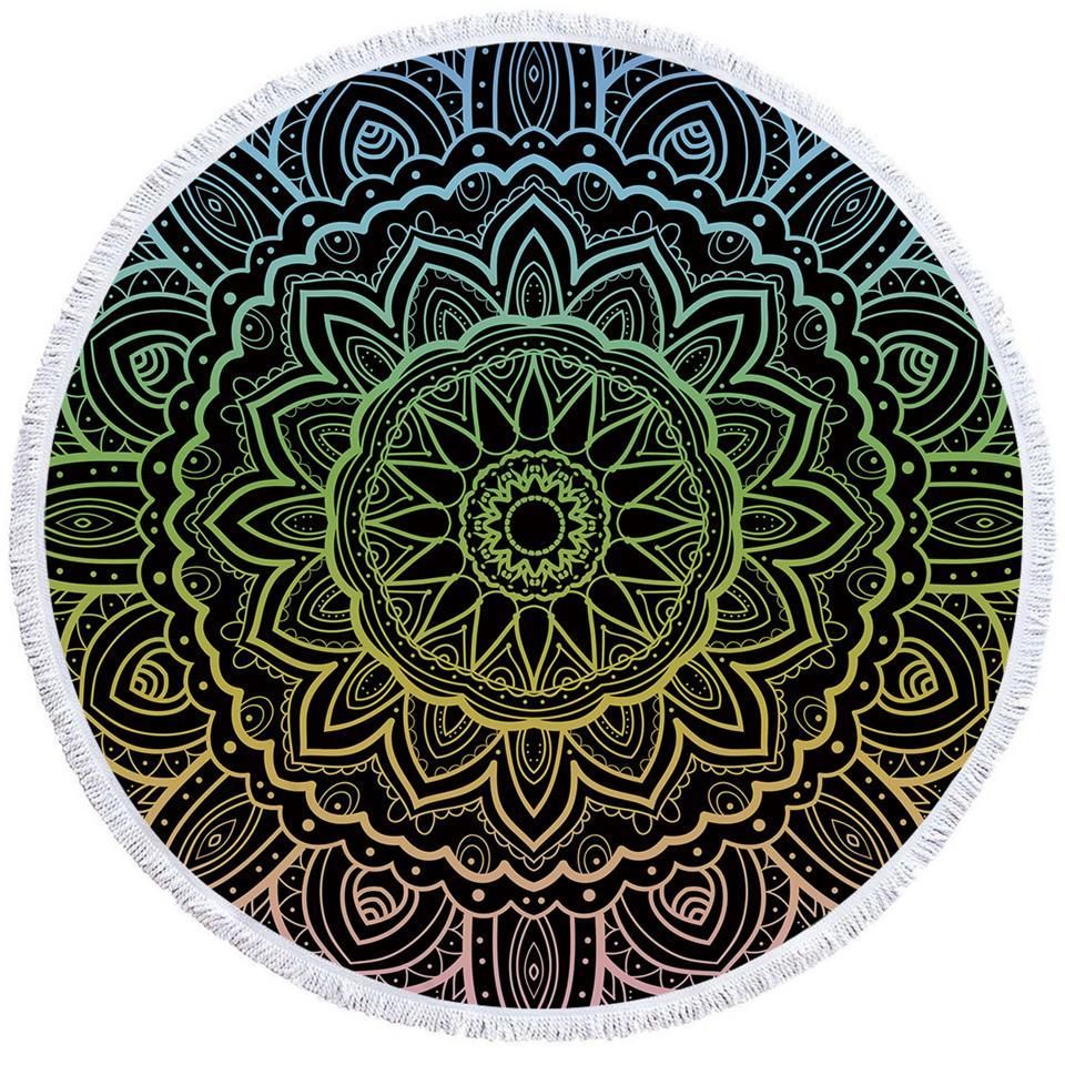 Mandala Black And Yellow Printed Round Beach Towel