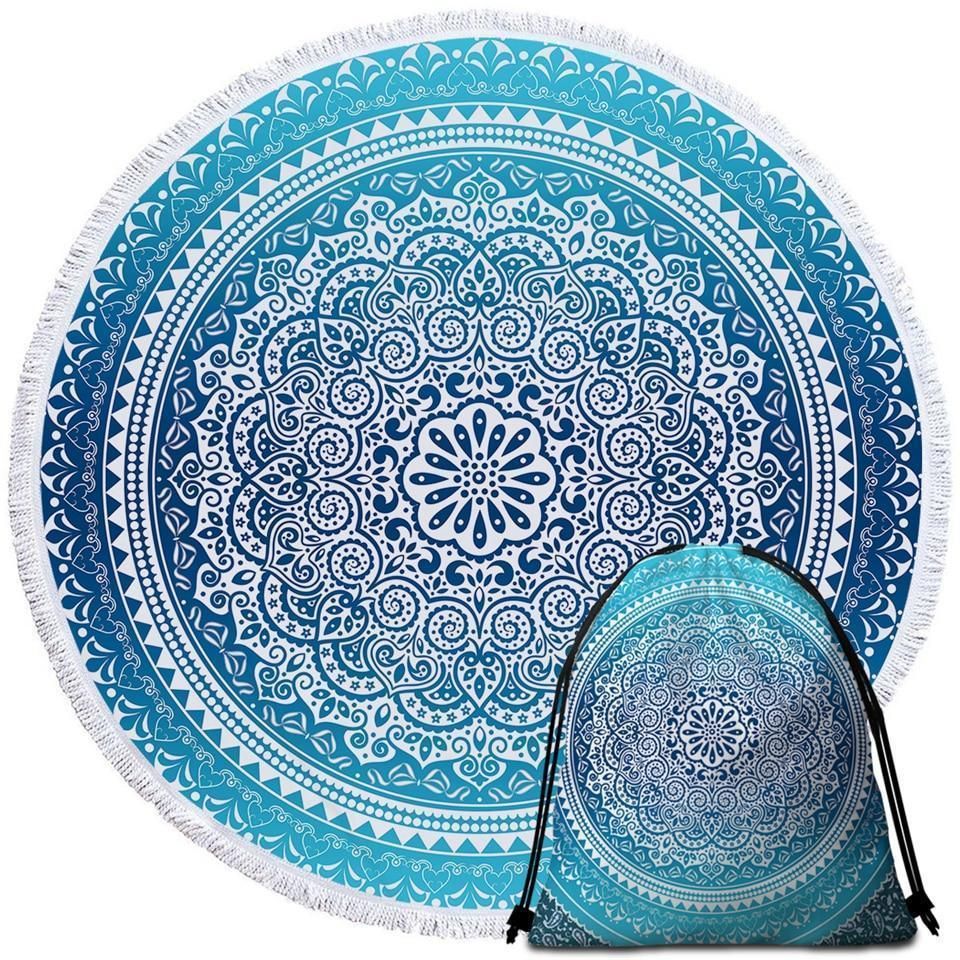 Mandala Blues Flower Pattern Printed Round Beach Towel