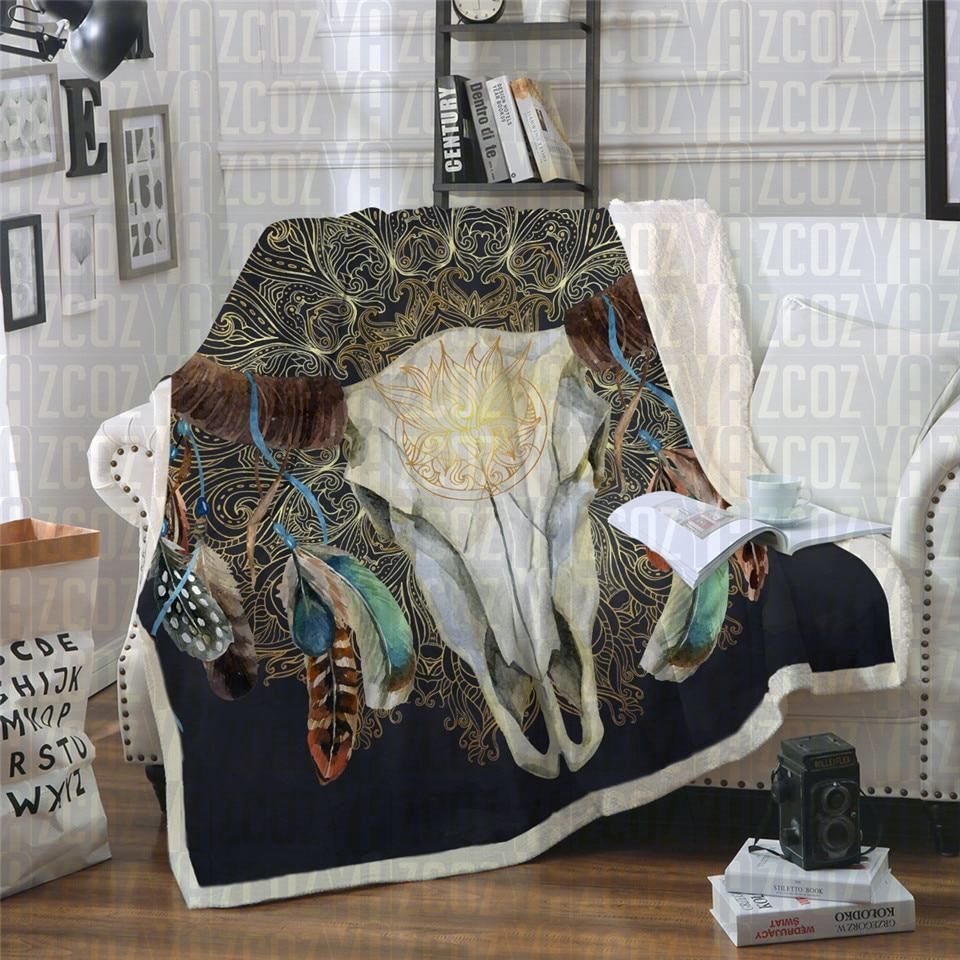 Mandala Bull Skull Dreamcatcher Black Sherpa Fleece Blanket