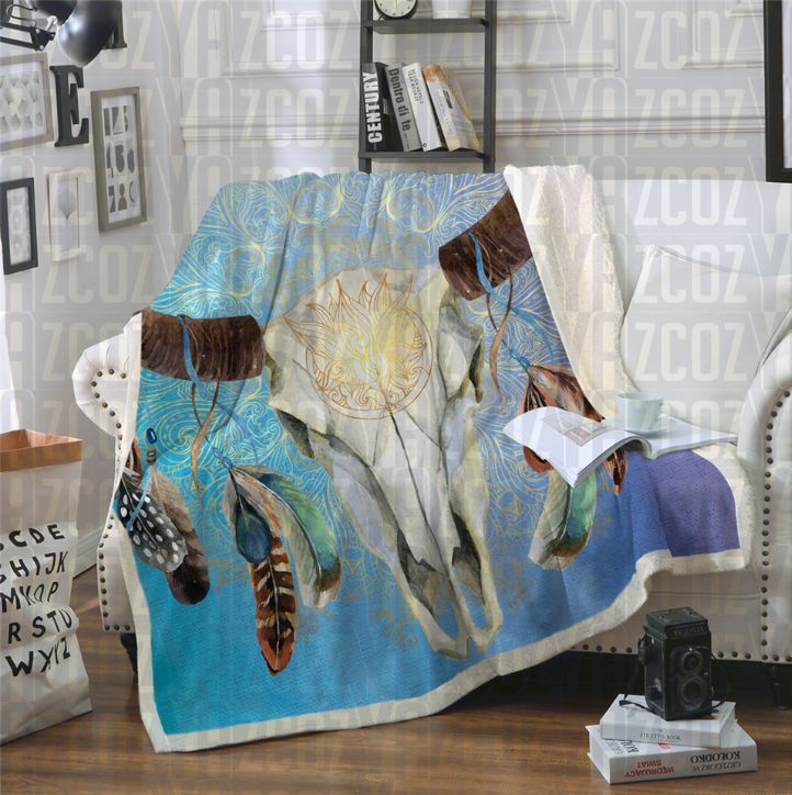 Mandala Bull Skull Dreamcatcher Blue Sherpa Fleece Blanket