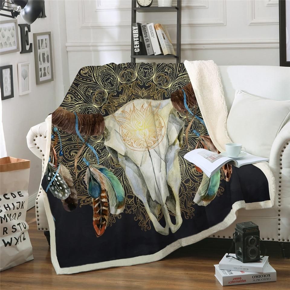 Mandala Bull Skull Dreamcatcher Sherpa Fleece Blanket