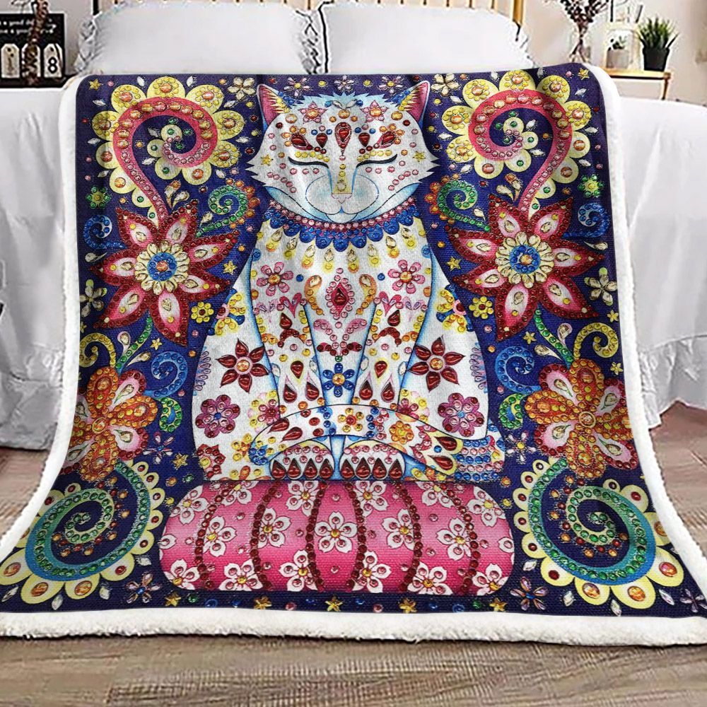 Mandala Cat Flower Sherpa Fleece Blanket