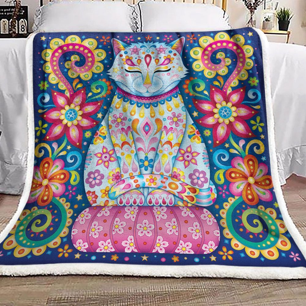 Mandala Cat Flower Sherpa Fleece Blanket