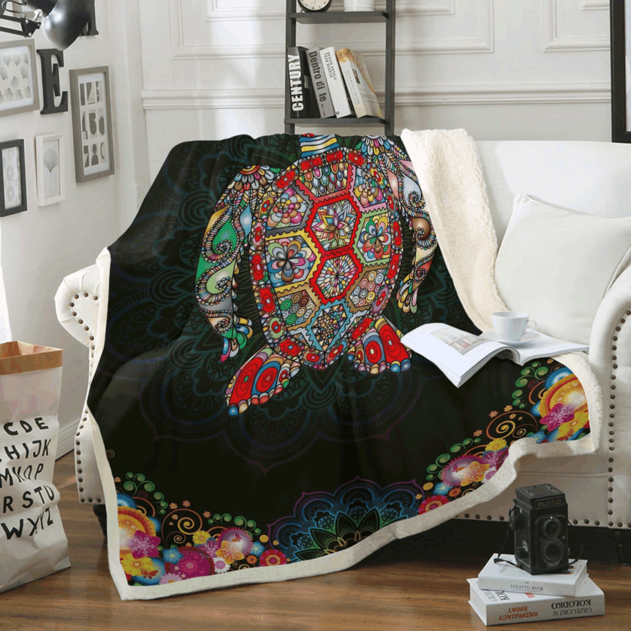 Mandala Colorful Sea Turtle Sherpa Fleece Blanket