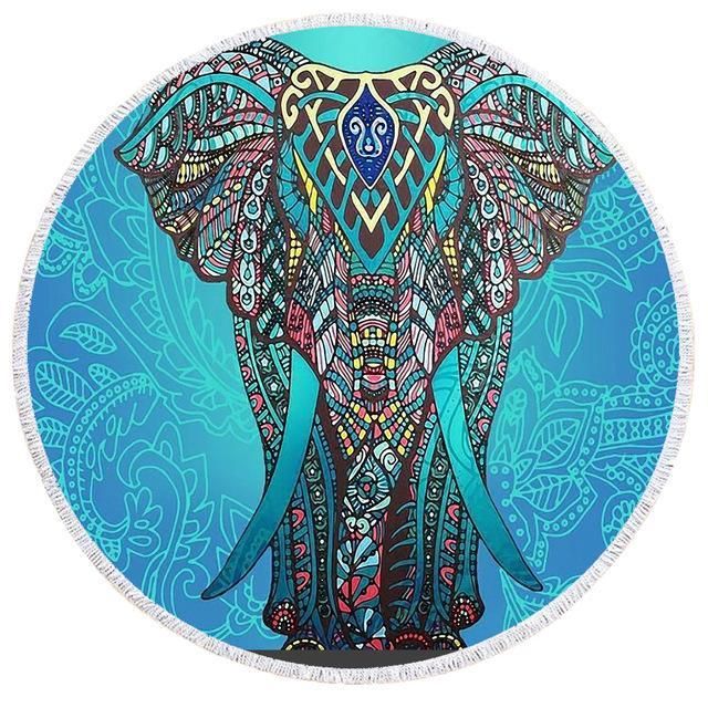 Mandala Elephant Vintage Style Blue Printed Round Beach Towel