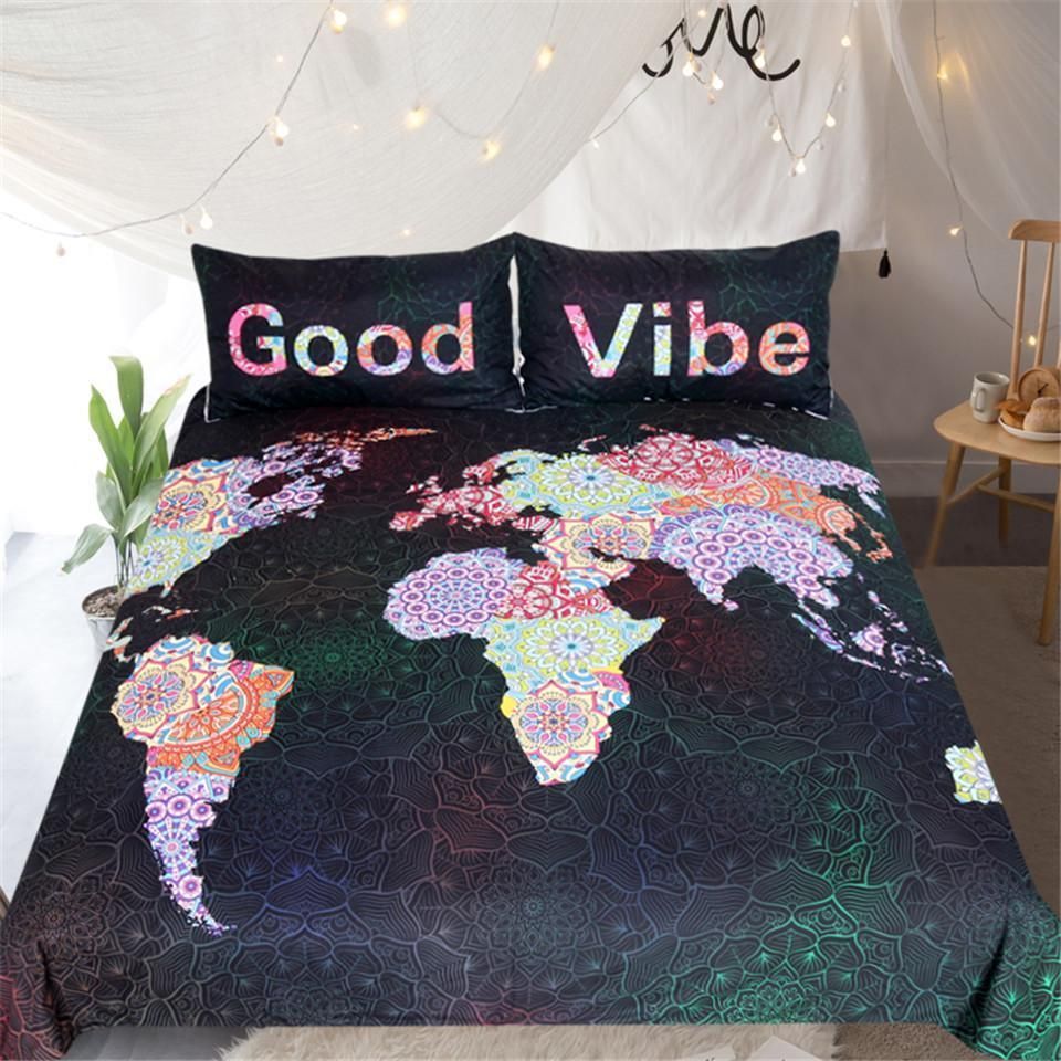 Mandala Flowers World Map Bedding Set