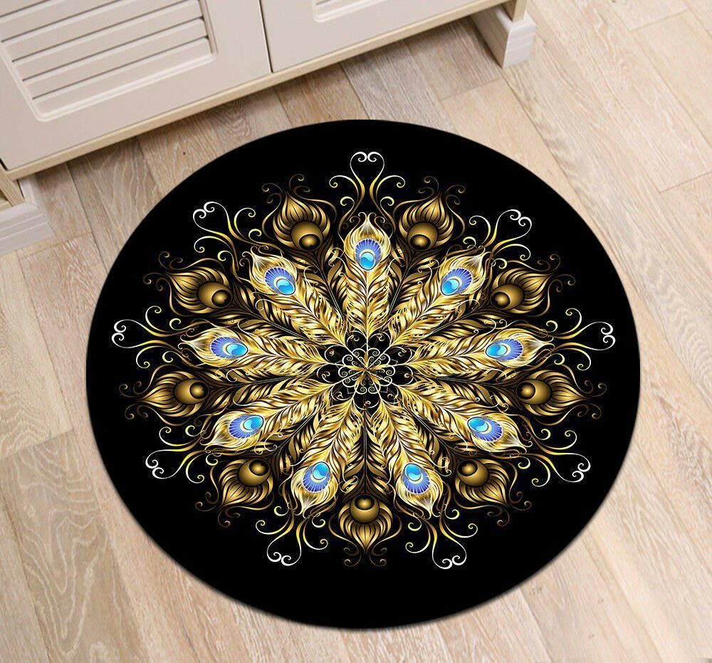 Mandala Golden Peacock Feathers Round Carpet