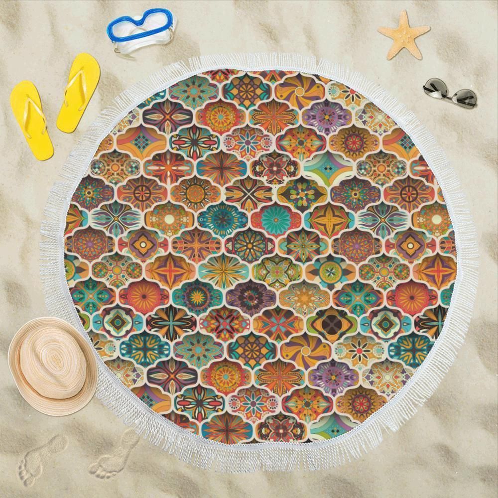 Mandala Mosaic Themed Design Printed Round Beach Towel