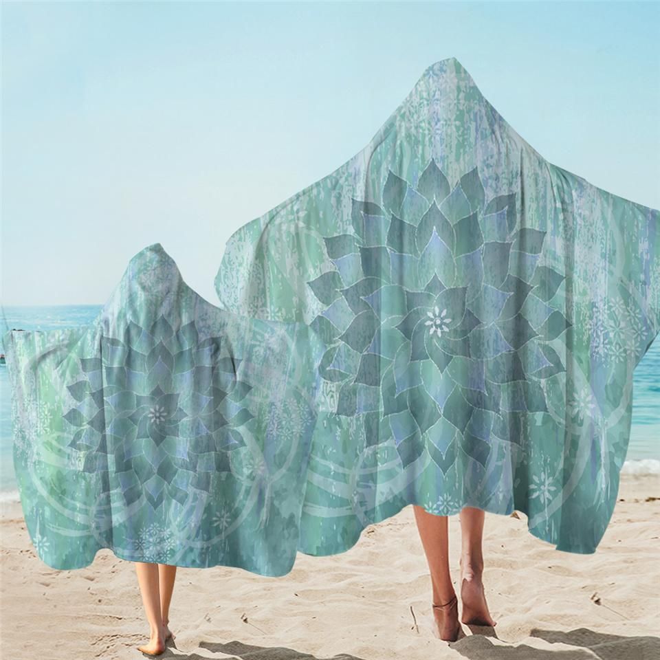 Mandala Motif Mint Background Printed Hooded Towel