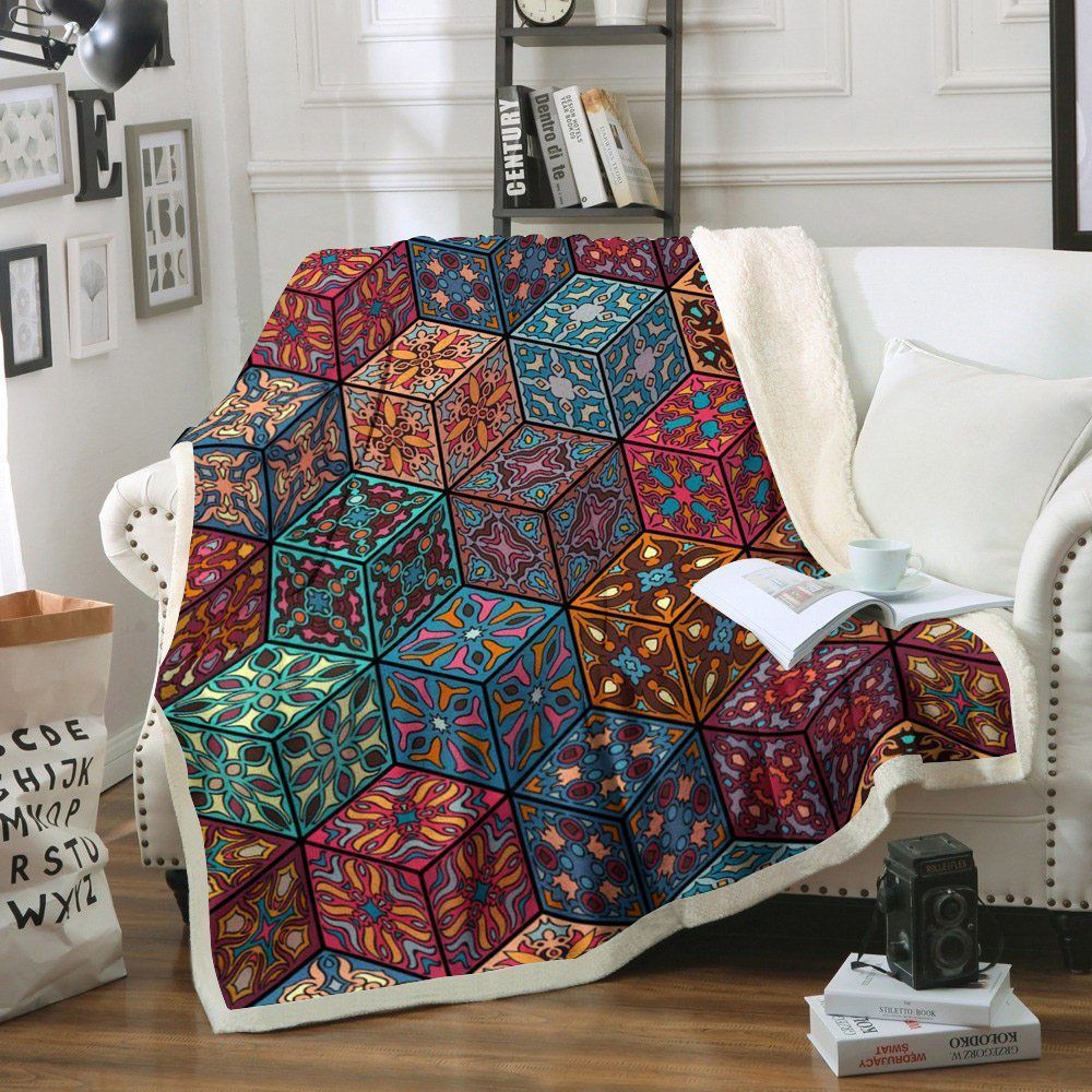 Mandala Patchwork Sherpa Fleece Blanket