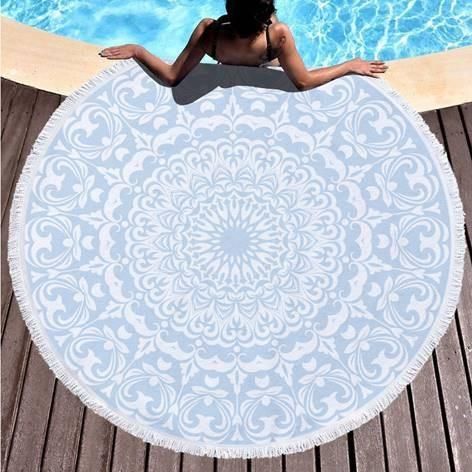 Mandala Style Blue Circle Pattern Printed Round Beach Towel