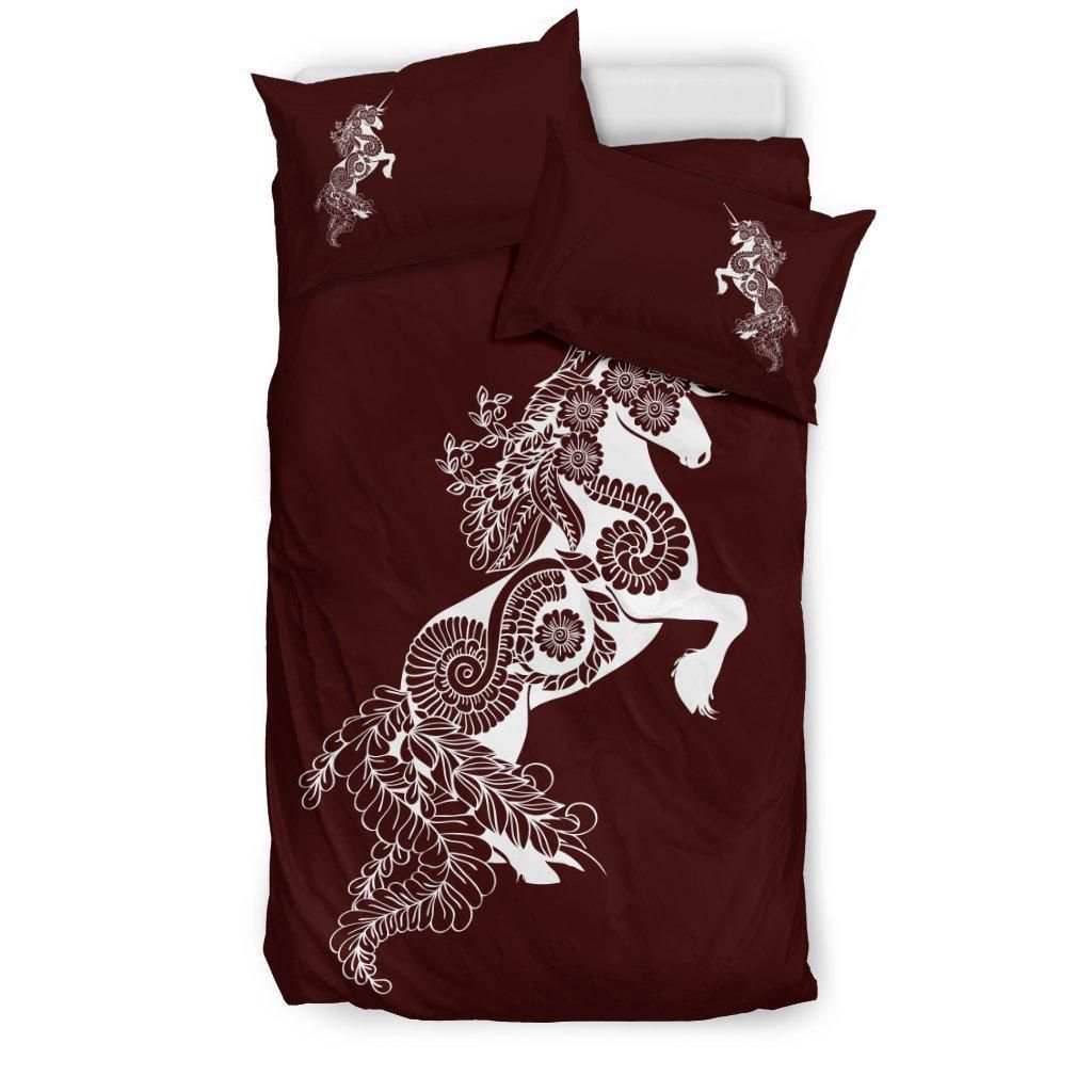 Mandala Unicorn Maroon Bedding Set